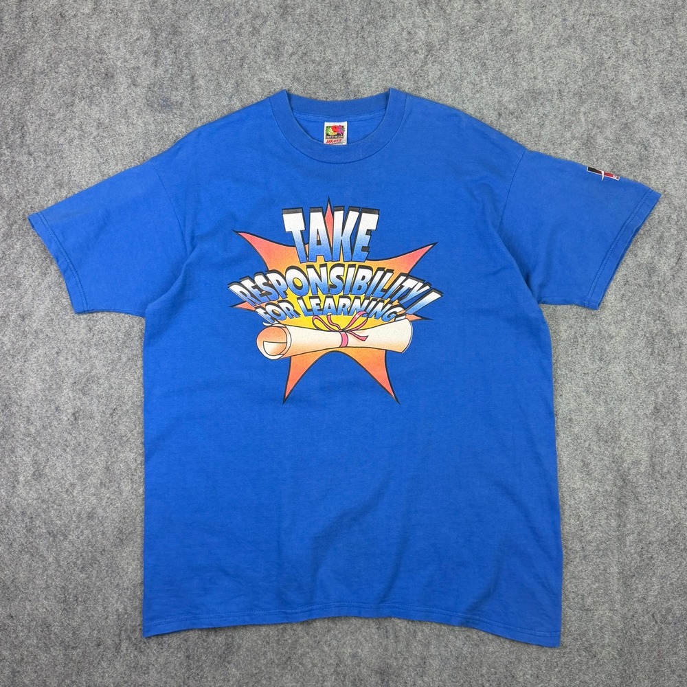 Vintage Fruit of the Loom Education Fair 1999 Blue T-Shirt Mens XL Graphic